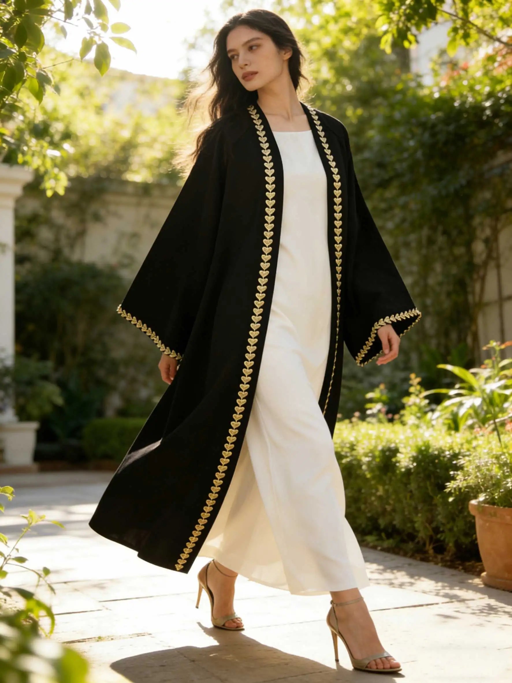 Elegant Open Abaya for Women – Modest Gold Heart Embroidered Islamic Dress