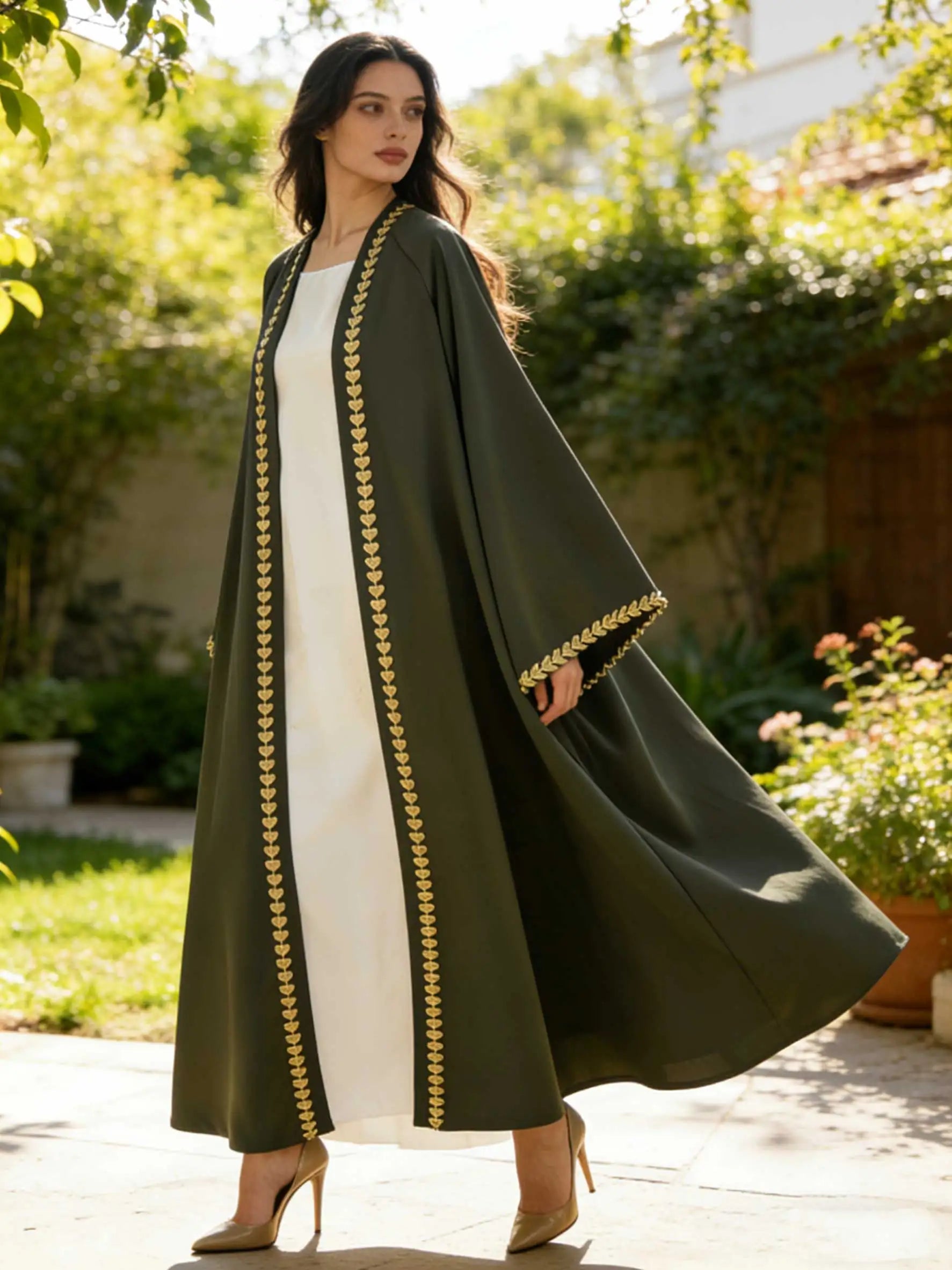 Elegant Open Abaya for Women – Modest Gold Heart Embroidered Islamic Dress