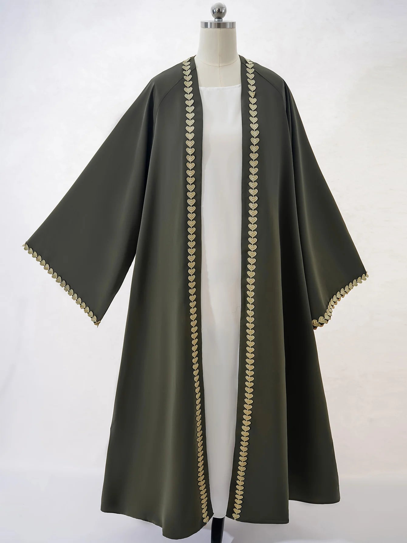 Elegant Open Abaya for Women – Modest Gold Heart Embroidered Islamic Dress