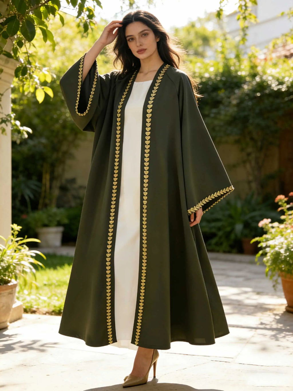 Elegant Open Abaya for Women – Modest Gold Heart Embroidered Islamic Dress