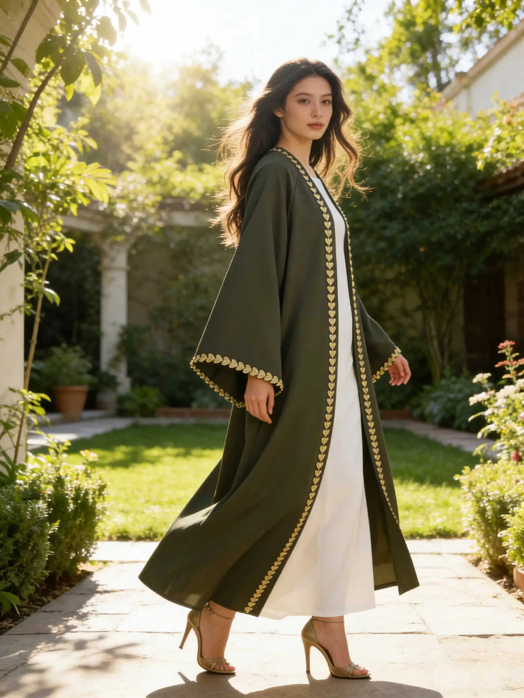 Elegant Open Abaya for Women – Modest Gold Heart Embroidered Islamic Dress