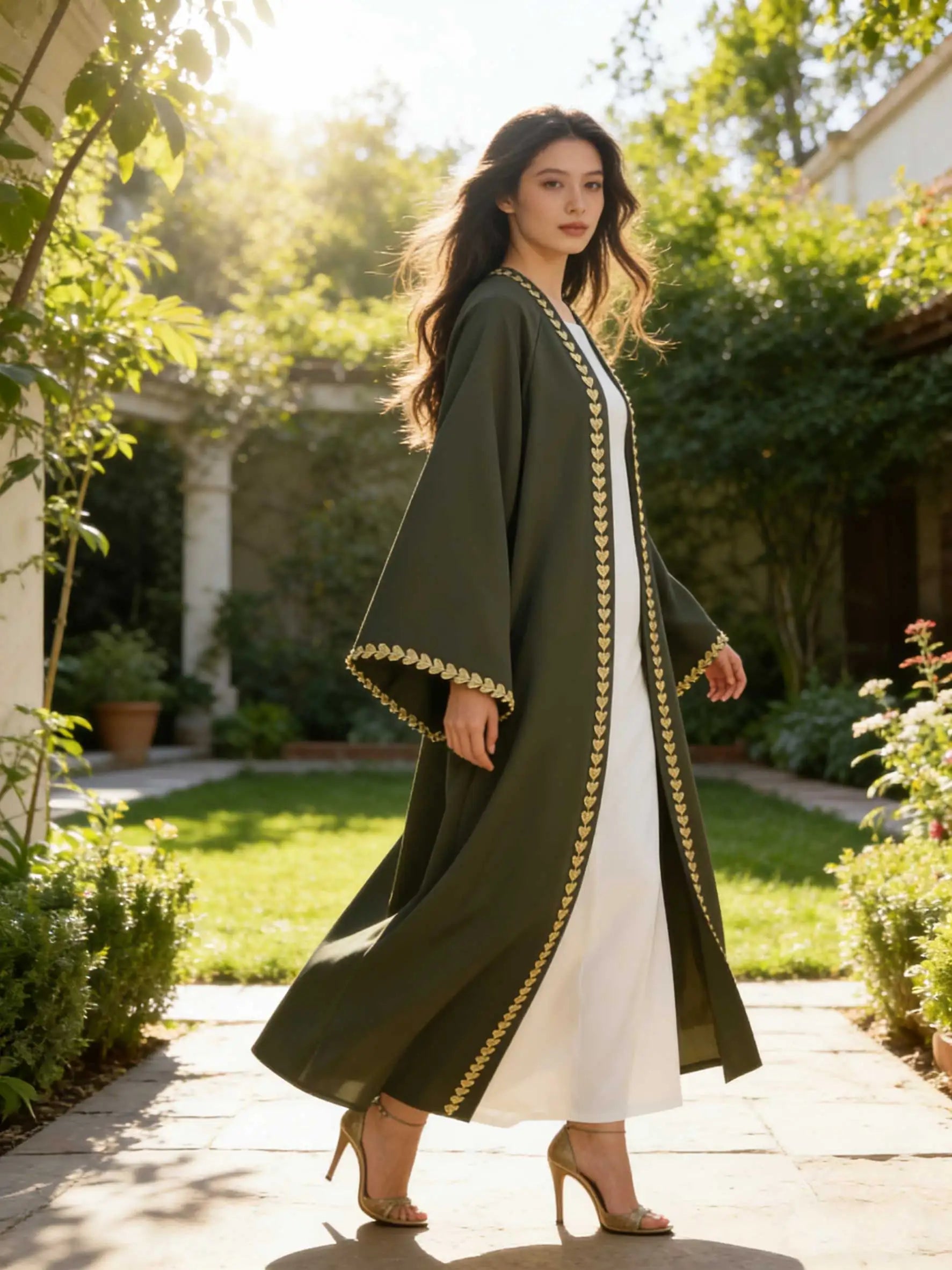 Elegant Open Abaya for Women – Modest Gold Heart Embroidered Islamic Dress